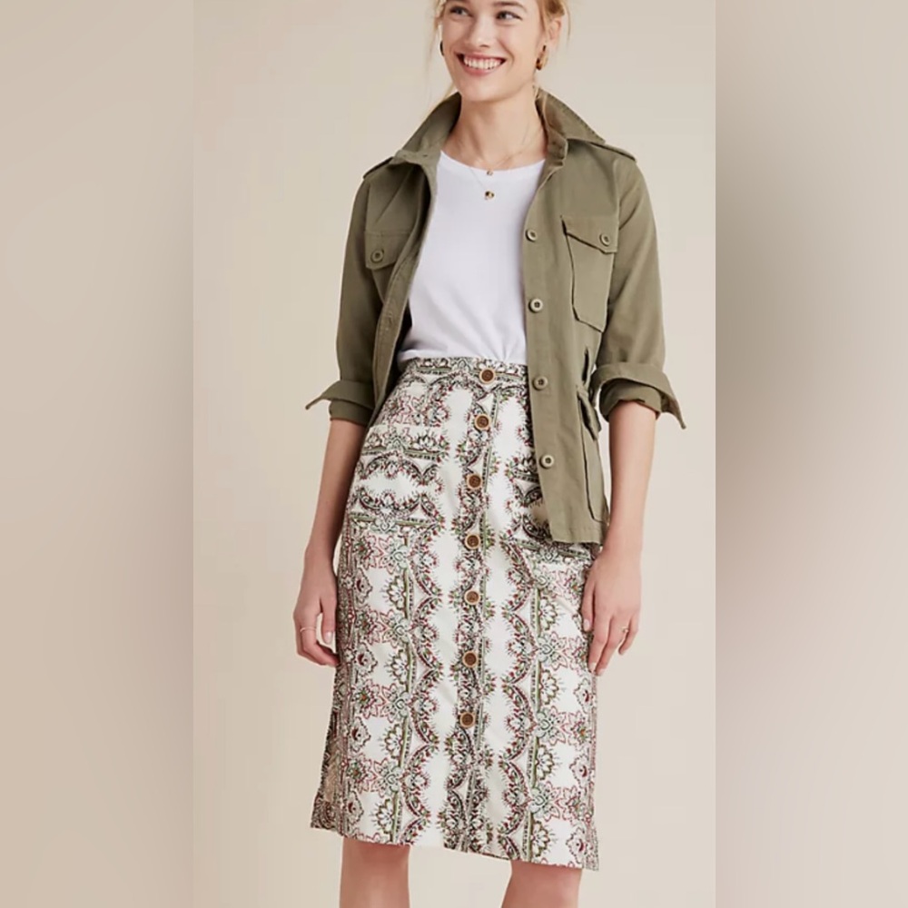 Maeve Kaleidoscope Button-Front Pencil Skirt Size 0 Ivory Paisley Anthropologie
